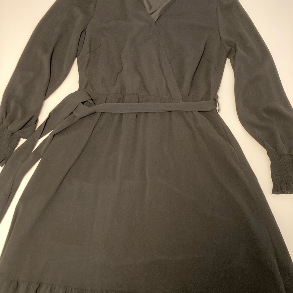 PrettyGarden Chic Long Sleeve sheer Dress in Black size L with belt